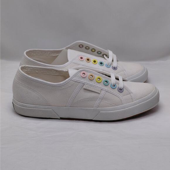 Superga Womens Sneakers Size 10 White Canvas Rainbow Eyelet Low Top Tennis Shoes - Picture 1 of 11